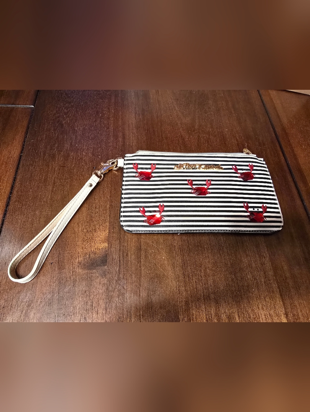 Betsey Johnson Black & White Striped Wristlet with Red Jeweled Crab Accents